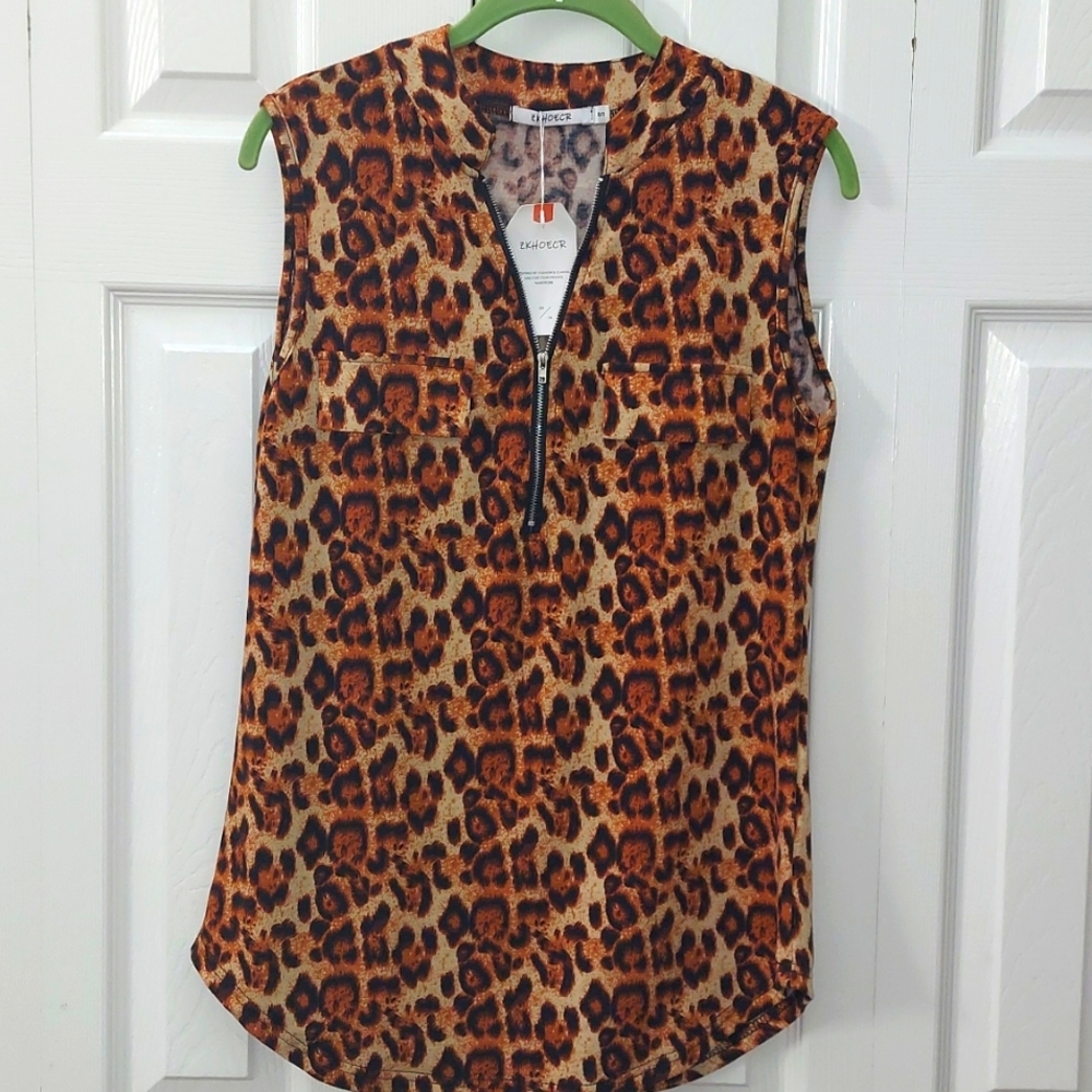 Womens Zip Front Sleeveless Animal Print Top Small